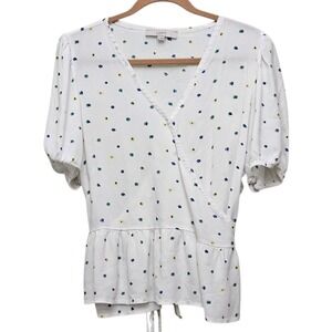 LOFT Blouse Womens XL White Floral Wrap Peplum Short Puff Sleeve V-Neck‎ Boho
